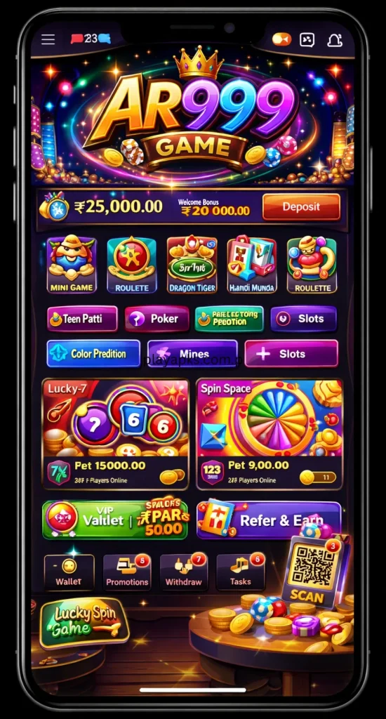 M 999 Game main dashboard showing game options, wallet balance, and navigation menu on a dark themed interface.
